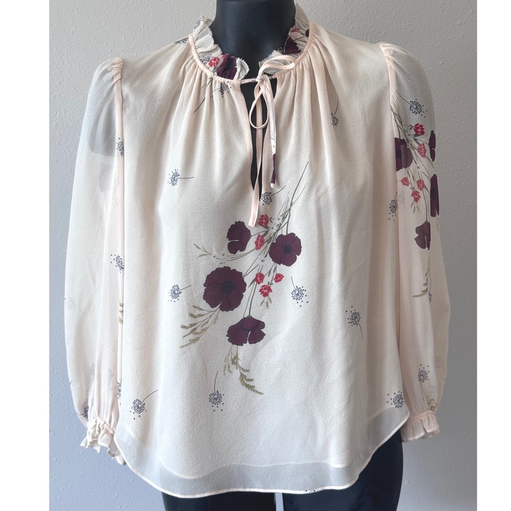 Joie Silk Floral Blouse Pink Burgundy Ruffle Neck Tie Top XS Feminine Fairy Boho